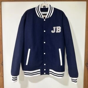 Men's XL Navy Melton Wool Varsity Letterman Jacket JB Leather Trim Collegiate